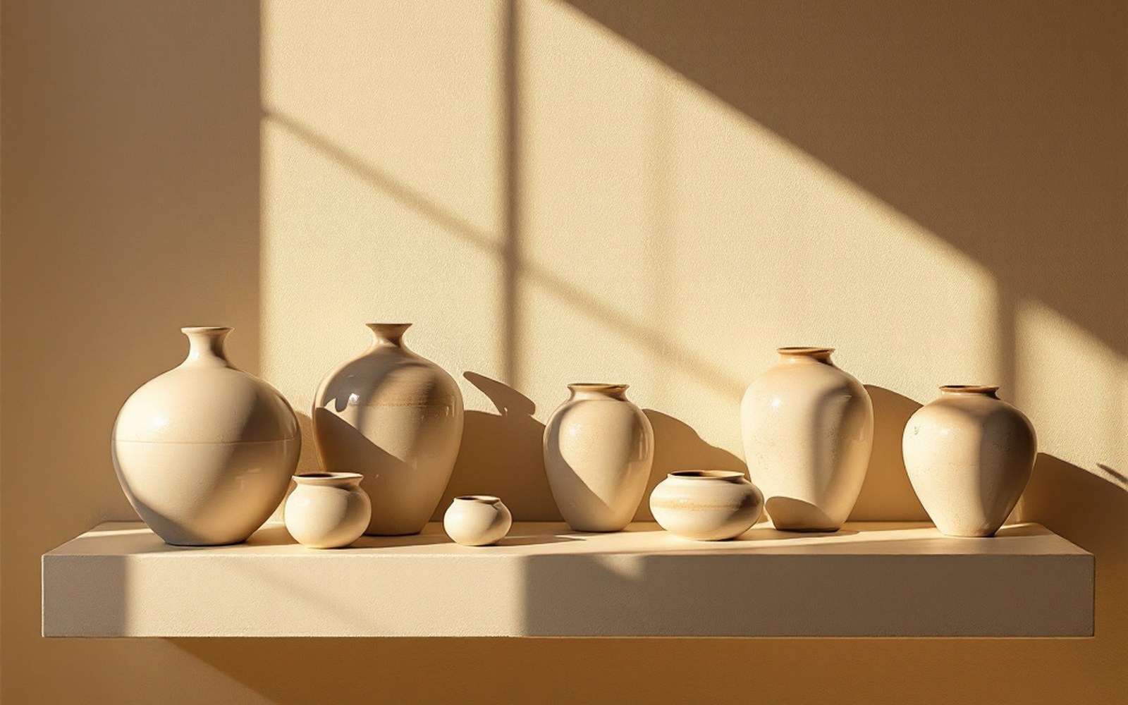 Glazed ceramic vessels on a plain shelf in daylight