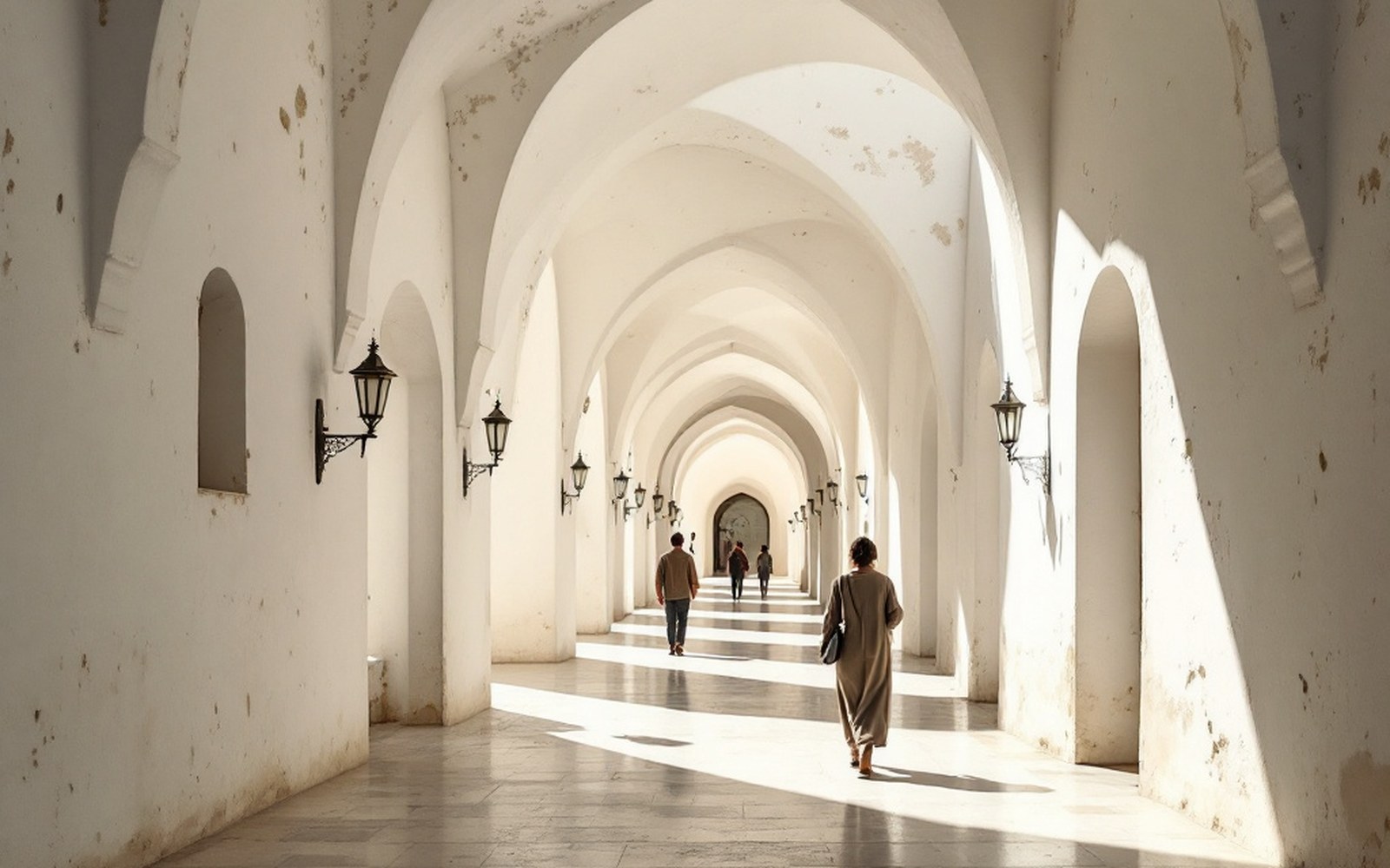 A white plastered arcade in deep shade, figures walking through